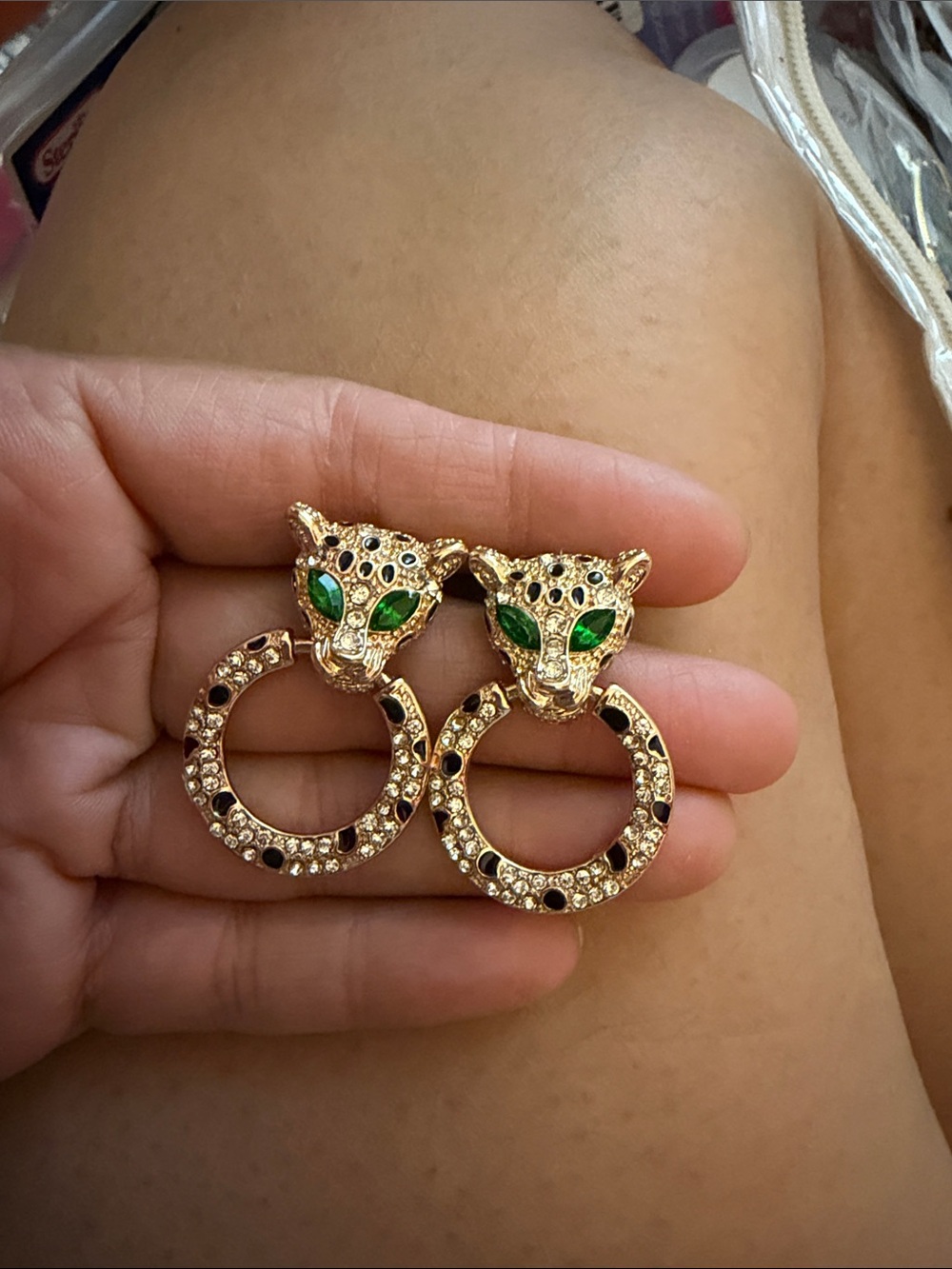 Gold Panther Hoop Earrings with Green Crystal Eyes